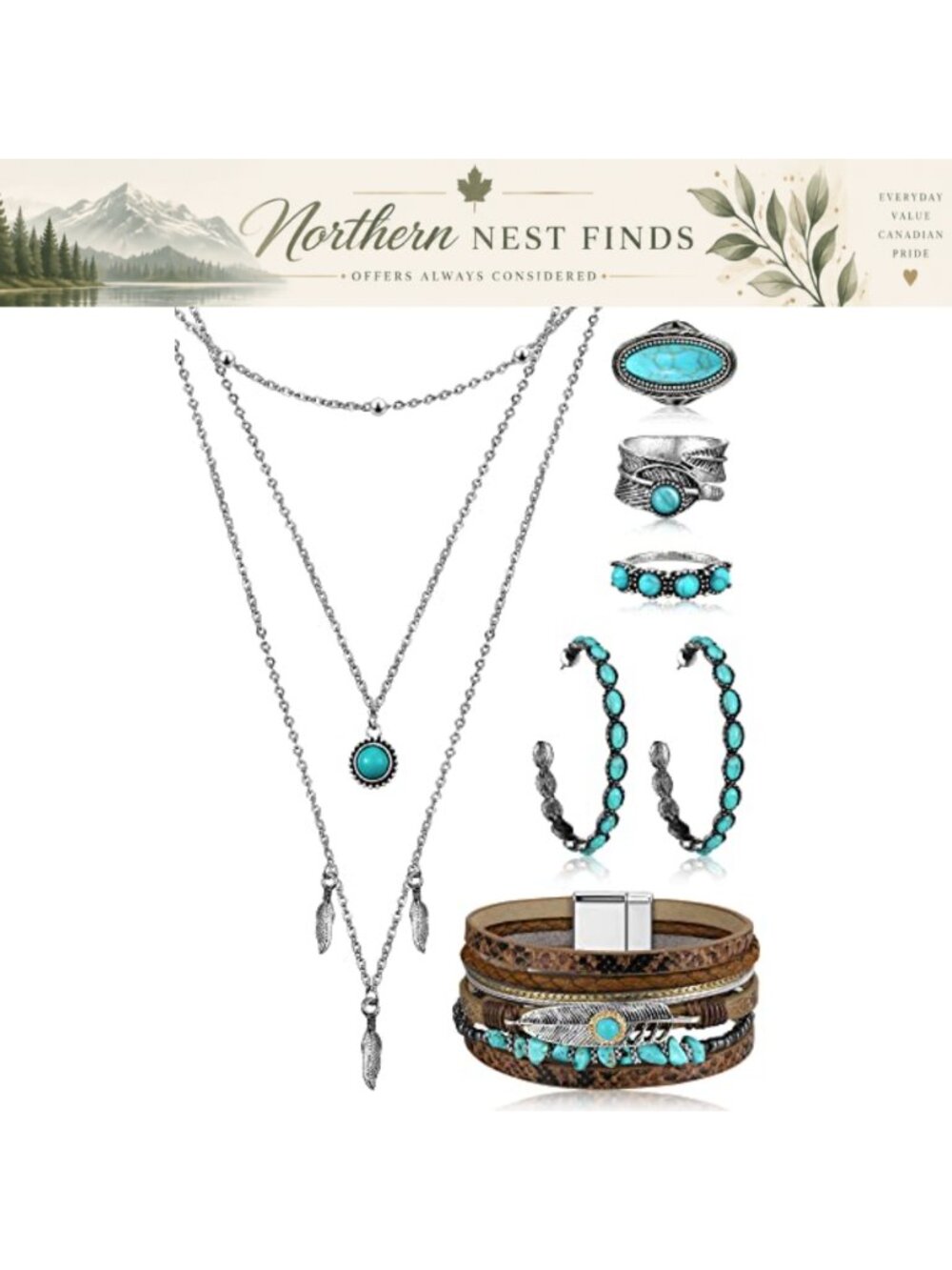Western Turquoise Jewelry Set - Alloy Faux Leather Necklace Earrings Bracelet